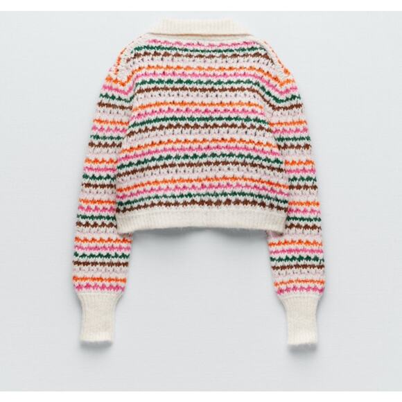 Zara | Rainbow Striped Collared Chunky Knit Cardigan | Size Small - Picture 2 of 10